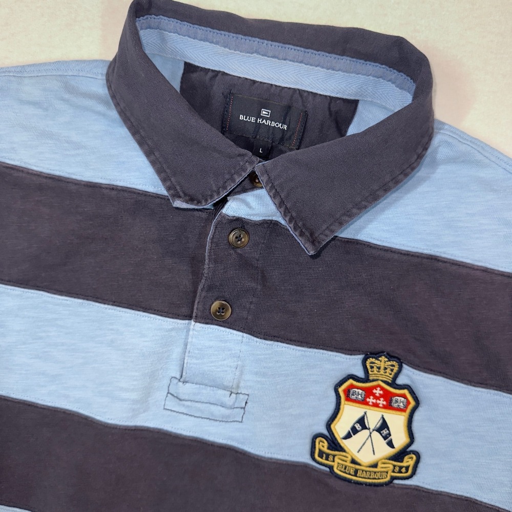 Blue Harbour Polo Shirt Mens Large Tailored Fit Rugby Stripe Crest‎ Cotton